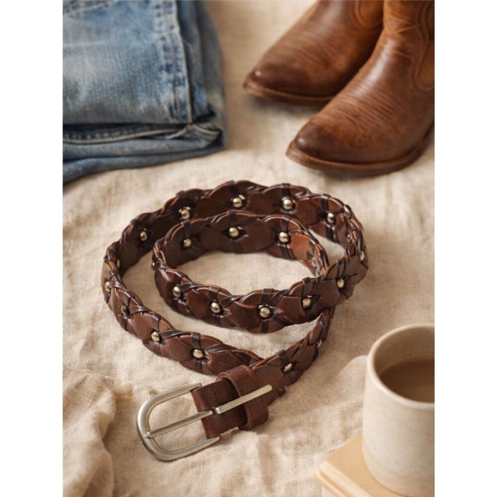 VTG Donna Katz Woven Brown Leather Belt Silver Stud Ball Detail Boho Western M